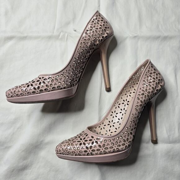 Prada Womens Vernice Cipria Blush Nude Pink Laser Cut Floral High Heels 38.5 - Picture 5 of 15